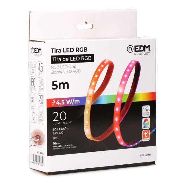 Tira LED Adhesiva 4,5 W/m 20 lm/W 24 V DC IP65, 5 m x 12 mm, RGB, Multicolor, WIFI Tuya App EDM