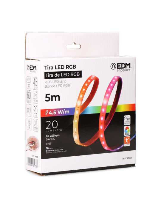 Tira LED Adhesiva 4,5 W/m 20 lm/W 24 V DC IP65, 5 m x 12 mm, RGB, Multicolor, WIFI Tuya App EDM
