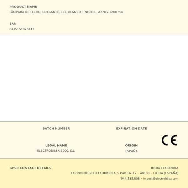 Lámpara de Techo, Colgante, E27, Blanco + Nickel, Ø270 x 1200 mm FBRIGHT