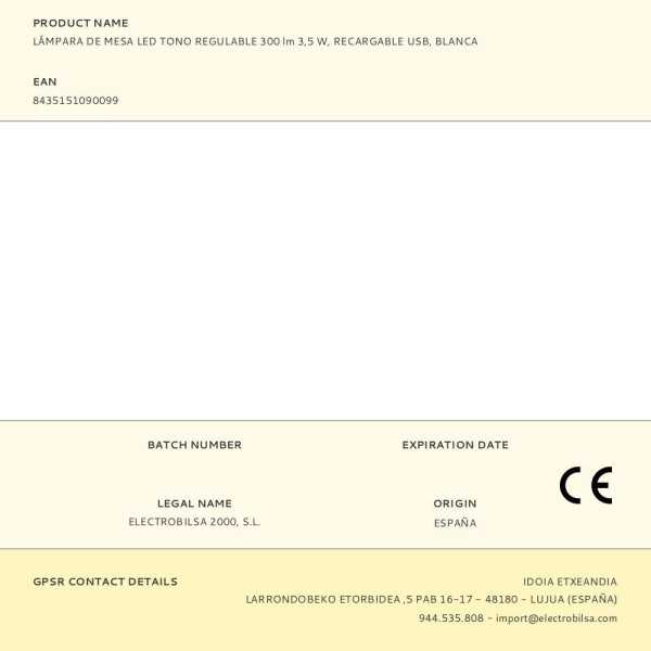 Lámpara de Mesa LED, Tono Regulable, 260 lm 3,3 W, Recargable USB, Blanca FBRIGHT