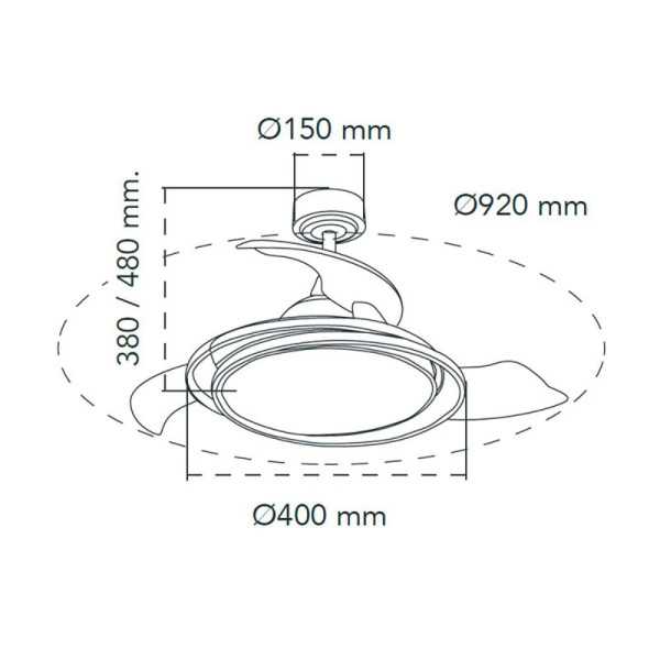 Ventilador de Techo LED 3CCT Aspas Retráctiles Antila Mini 40 W 4000 lm Plata, Aspas Ø92 cm, Plafón Ø40 cm, CRISTALRECORD
