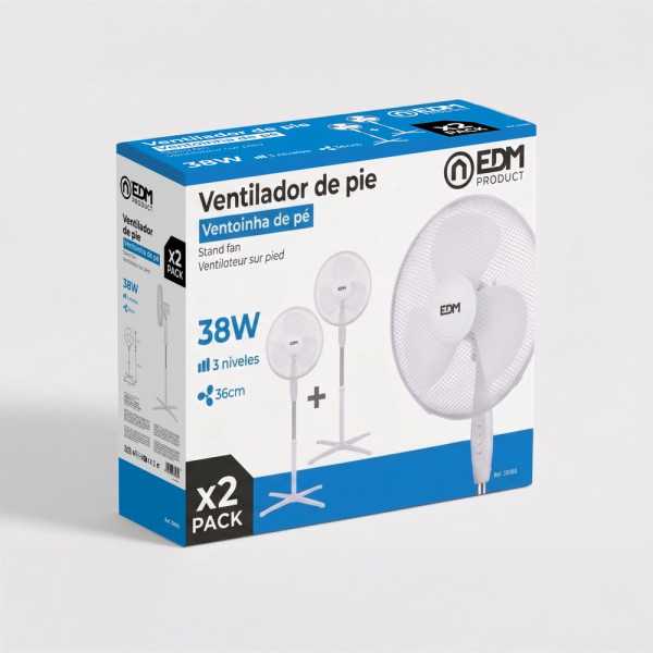 Ventilador de Pie 38 W, Blanco, Ø40 cm, Pack de 2 unidades en una Caja EDM