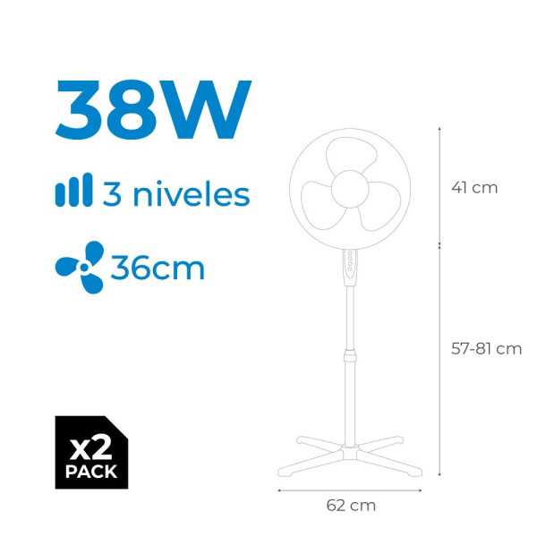 Ventilador de Pie 38 W, Blanco, Ø40 cm, Pack de 2 unidades en una Caja EDM