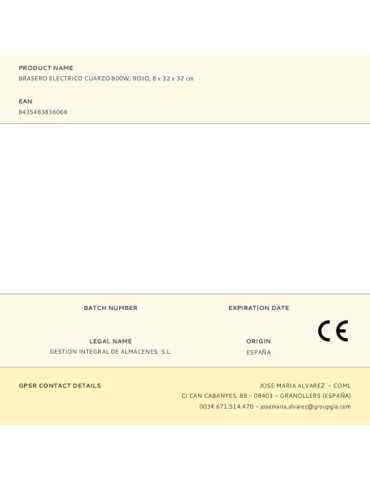 Brasero Eléctrico Cuarzo 800 W, Rojo, Ø34 x 9 cm HTW 2