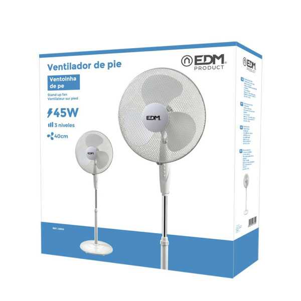 Ventilador de Pie Base Circular, Blanco, Potencia 45 W, 55,6 dB, Aspas Ø40 cm, Altura Regulable 110-130 cm EDM