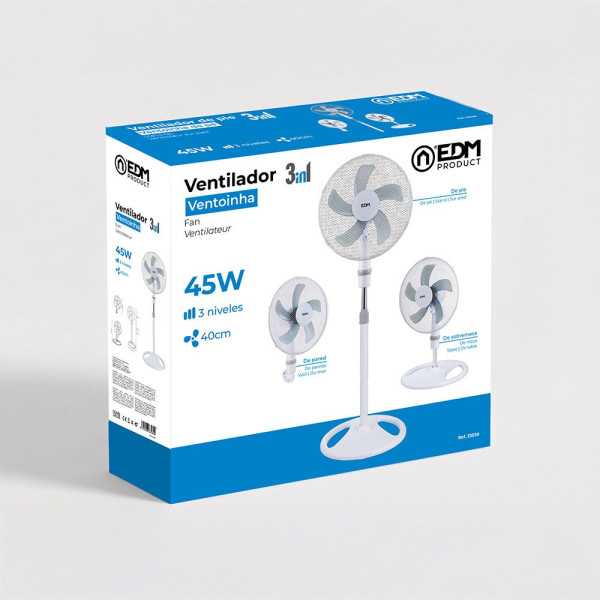 Ventilador 3 en 1, Blanco, Potencia 45 W, Aspas Ø40 cm, Altura Regulable 107-133 cm EDM