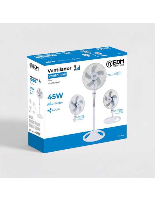Ventilador 3 en 1, Blanco, Potencia 45 W, Aspas Ø40 cm, Altura Regulable 107-133 cm EDM
