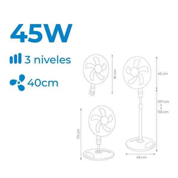 Ventilador 3 en 1, Blanco, Potencia 45 W, Aspas Ø40 cm, Altura Regulable 107-133 cm EDM