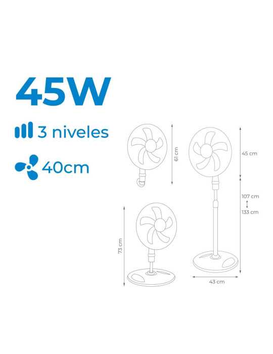 Ventilador 3 en 1, Blanco, Potencia 45 W, Aspas Ø40 cm, Altura Regulable 107-133 cm EDM