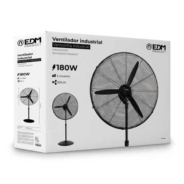 Ventilador de Pie Industrial Base Circular, Oscilante, Negro, Potencia 180 W, 64,9 dB, Aspas Ø60 cm, Altura Regulable EDM