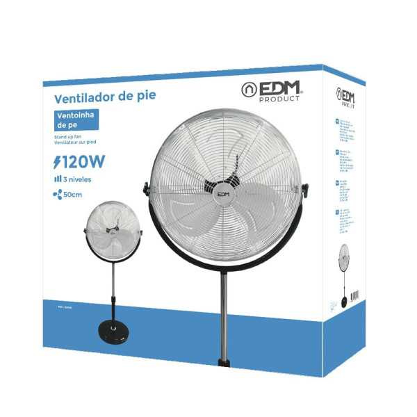 Ventilador de Pie Industrial Base Circular, Cromado/Negro, Potencia 120 W, 64,9 dB, Aspas Ø50 cm, Altura Regulable 118-148 EDM