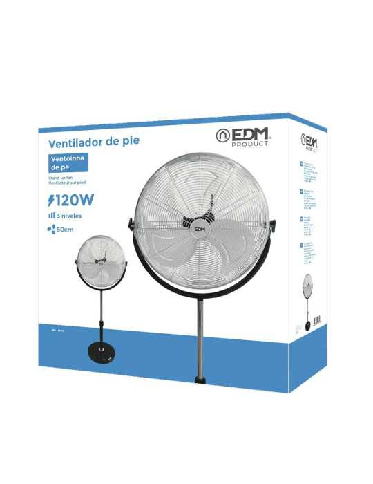 Ventilador de Pie Industrial Base Circular, Cromado/Negro, Potencia 120 W, 64,9 dB, Aspas Ø50 cm, Altura Regulable 118-148 EDM
