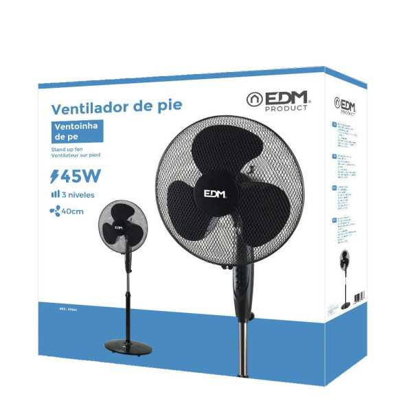 Ventilador de Pie Base Circular, Negro, Potencia 45 W, 55,6 dB, Aspas Ø40 cm, Altura Regulable 110-130 cm EDM