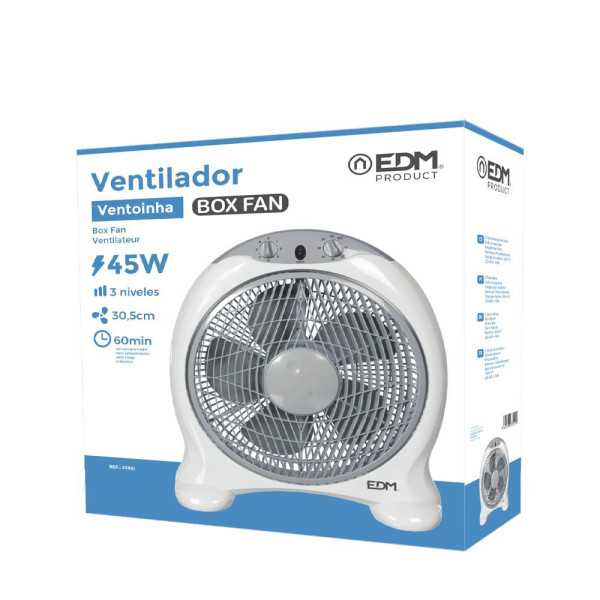 Ventilador Box Fan, Blanco/Gris, Potencia 45 W, 60dB, Aspas Ø30,5 cm 38,5 x 13 x 46 cm EDM