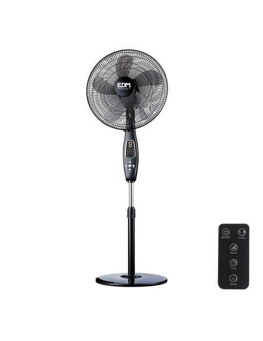 Ventilador de Pie Mando A Distancia, Negro, Potencia 60 W, 62,9 dB, Aspas Ø40 cm, Altura Regulable 110-130 cm EDM