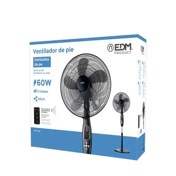 Ventilador de Pie Mando A Distancia, Negro, Potencia 60 W, 62,9 dB, Aspas Ø40 cm, Altura Regulable 110-130 cm EDM