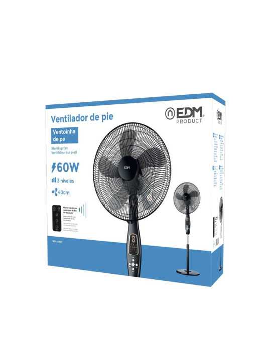 Ventilador de Pie Mando A Distancia, Negro, Potencia 60 W, 62,9 dB, Aspas Ø40 cm, Altura Regulable 110-130 cm EDM
