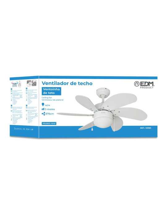 Ventilador de Techo Modelo Aral. Color Blanco. Potencia: 50 W Aspas: Ø76cm EDM