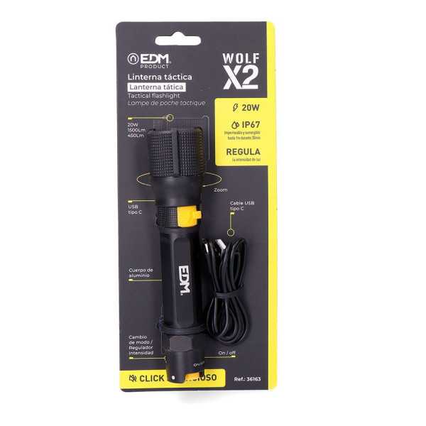 Linterna LED Táctica Wolf X2 Recargable 1500 lm / 450 lm, IP67, Ø4,0 x 17,8 cm EDM