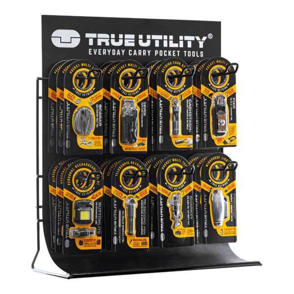 Expositor 8 Ganchos , Metalico Negro, con 8 Referencias, 3 Unidades de Cada una, Total 24 Unidades, 41 x 20 x 45 cm TRUE