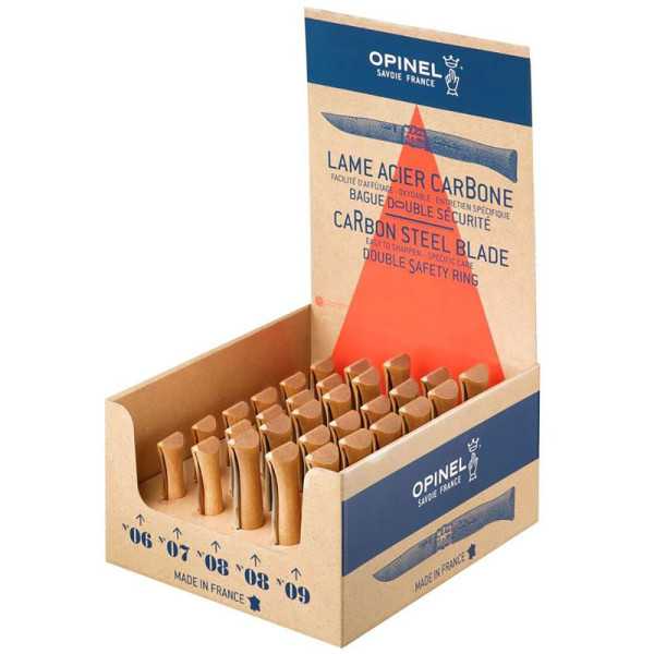 Expositor Navajas Acero al Carbono, 30 uds (N6, N7, N9 6 uds, N8 12 uds de Cada Numero) OPINEL
