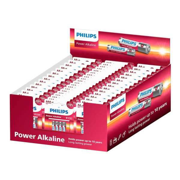 Pilas Power Alcalina, 30 x Blister 4 uds AA + 20 x Blister 4 uds AAA, Expositor PHILIPS