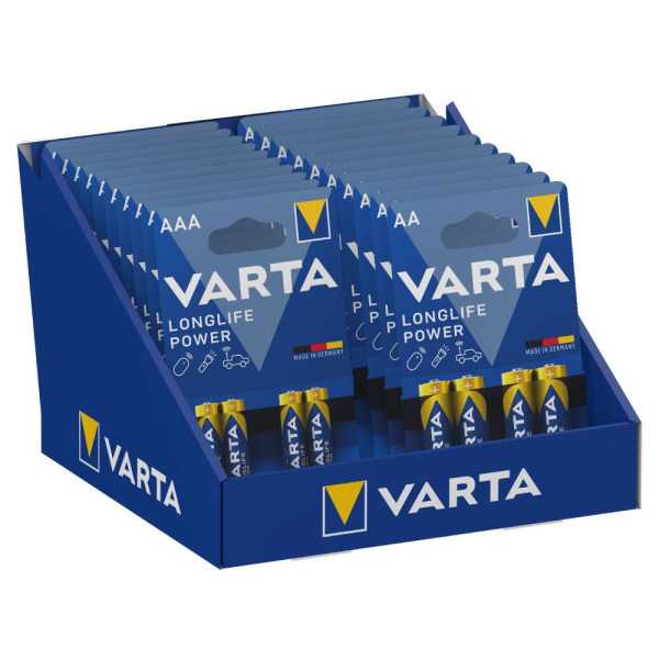 Expositor de Carton de Sobremesa de Pilas "Long Life" 10 Blisters 4xAAA LR03 +10 Blisters 4xAA LR06 27x18x17cm VARTA