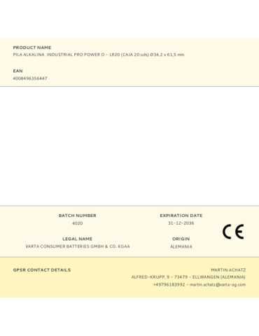 Pila Alkalina Industrial Pro Power D - LR20 (Caja 20 uds) Ø34,2 x 61,5 mm VARTA 2