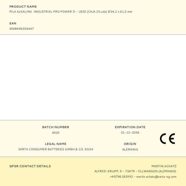 Pila Alkalina Industrial Pro Power D - LR20 (Caja 20 uds) Ø34,2 x 61,5 mm VARTA