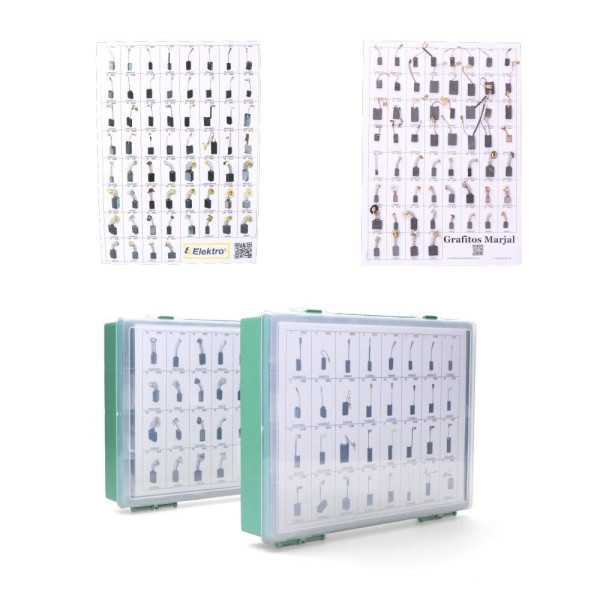 Expositor 60 Escobillas de Carbon Mas Vendidas (120 Juegos) GRAFITOS MARJAL