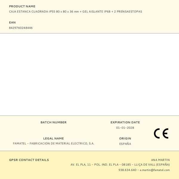 Caja Estanca Cuadrada IP55 80 x 80 x 36 mm + Gel Aislante IP68 + 2 Prensaestopas, Blíster FAMATEL