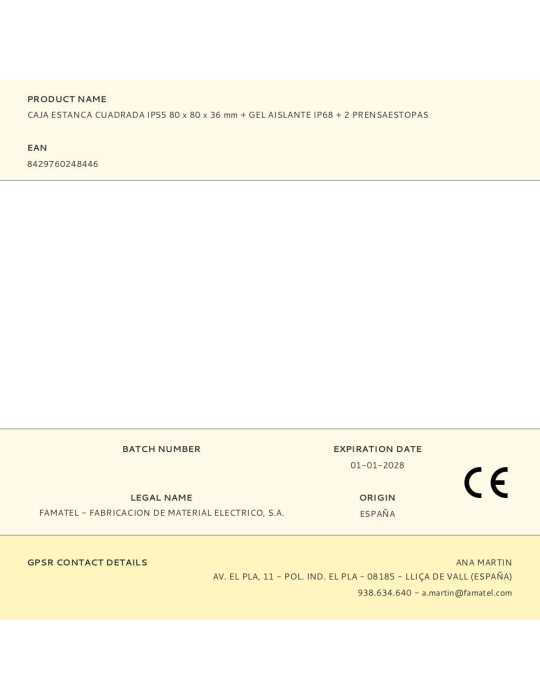Caja Estanca Cuadrada IP55 80 x 80 x 36 mm + Gel Aislante IP68 + 2 Prensaestopas, Blíster FAMATEL