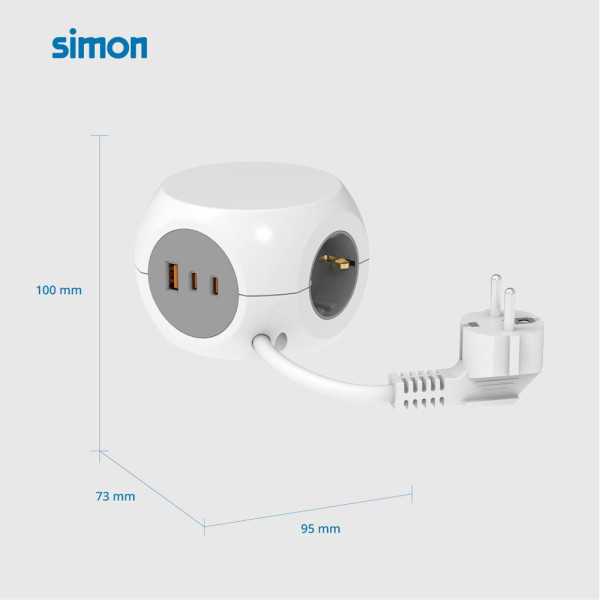Base Múltiple Combiball con 3 Tomas Schuko 16 A + 1 USB A + 2 USB C, 30 W, Blanca SIMON