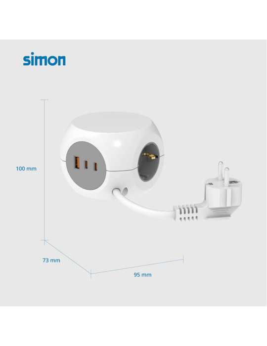 Base Múltiple Combiball con 3 Tomas Schuko 16 A + 1 USB A + 2 USB C, 30 W, Blanca SIMON