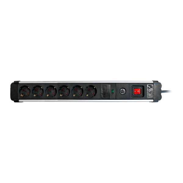Base Múltiple, 6 Tomas, Schuko 2P+T, 16A 250V~, 1,5 m Cable, C/Interruptor y Prot. Sobretensiones, Aluminio SIMON
