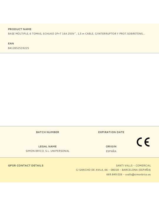 Base Múltiple, 6 Tomas, Schuko 2P+T, 16A 250V~, 1,5 m Cable, C/Interruptor y Prot. Sobretensiones, Aluminio SIMON