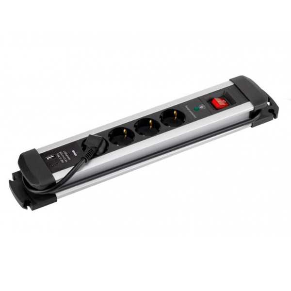 Base Múltiple, 4 Tomas, Schuko 2P+T, 2 USB A+c, 16A 250V~,1,5 m Cable, C/Interruptor y Prot.sobretensiones, Aluminio SIMON
