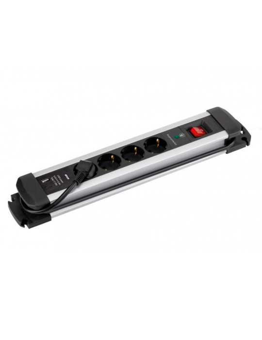 Base Múltiple, 4 Tomas, Schuko 2P+T, 2 USB A+c, 16A 250V~,1,5 m Cable, C/Interruptor y Prot.sobretensiones, Aluminio SIMON