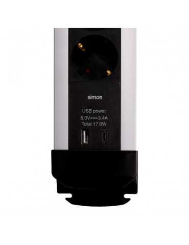 Base Múltiple, 6 Tomas, Schuko 2P+T, 2 USB A+c, 16 A 250 V~,1,5 m Cable, C/Interruptor y Prot.sobretensiones, Aluminio SIMON 2