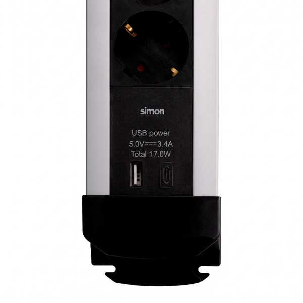 Base Múltiple, 6 Tomas, Schuko 2P+T, 2 USB A+c, 16 A 250 V~,1,5 m Cable, C/Interruptor y Prot.sobretensiones, Aluminio SIMON