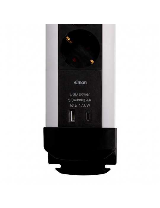 Base Múltiple, 6 Tomas, Schuko 2P+T, 2 USB A+c, 16 A 250 V~,1,5 m Cable, C/Interruptor y Prot.sobretensiones, Aluminio SIMON