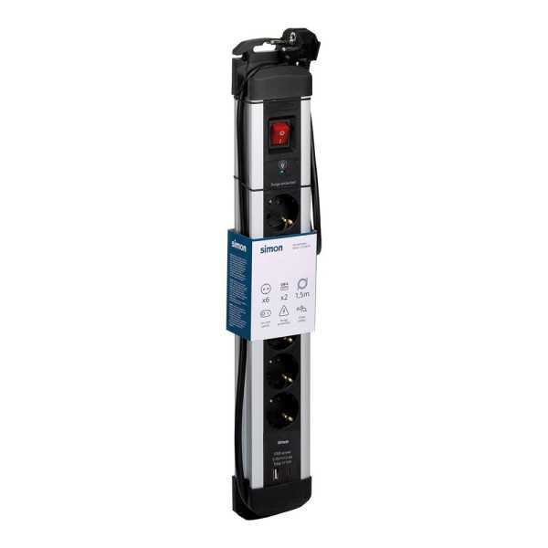 Base Múltiple, 6 Tomas, Schuko 2P+T, 2 USB A+c, 16 A 250 V~,1,5 m Cable, C/Interruptor y Prot.sobretensiones, Aluminio SIMON