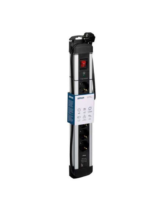 Base Múltiple, 6 Tomas, Schuko 2P+T, 2 USB A+c, 16 A 250 V~,1,5 m Cable, C/Interruptor y Prot.sobretensiones, Aluminio SIMON