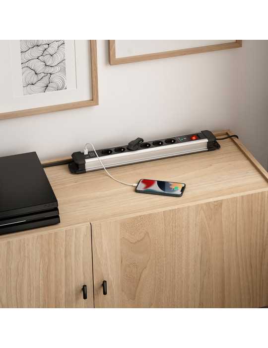 Base Múltiple, 6 Tomas, Schuko 2P+T, 2 USB A+c, 16 A 250 V~,1,5 m Cable, C/Interruptor y Prot.sobretensiones, Aluminio SIMON
