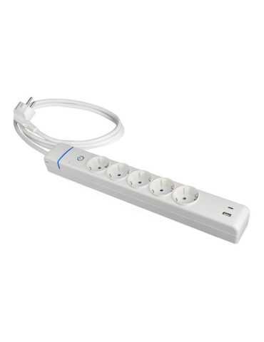 Base Múltiple, 5 Tomas 2P+T, con Interruptor + 2 USB, 1,5 m Cable H05VV-F 3G1,5 mm², 16A 250V~, Blanca SOLERA