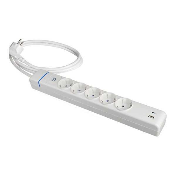 Base Múltiple, 5 Tomas 2P+T, con Interruptor + 2 USB, 1,5 m Cable H05VV-F 3G1,5 mm², 16A 250V~, Blanca SOLERA