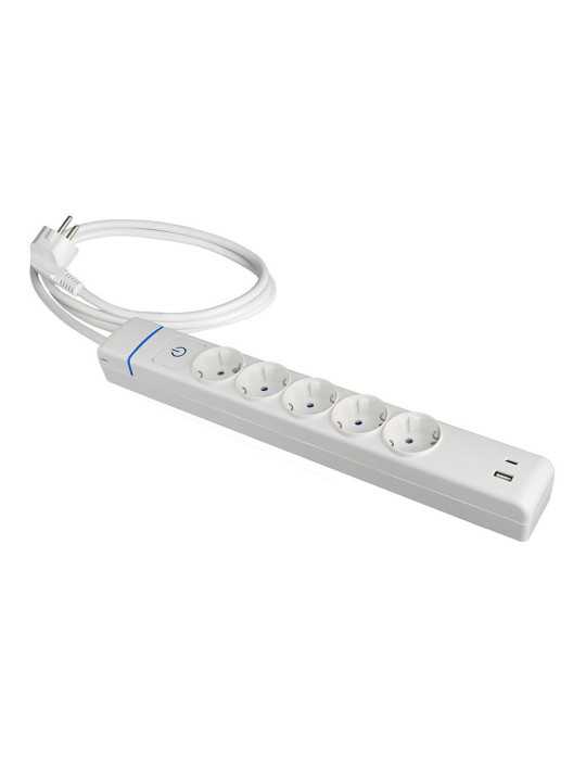 Base Múltiple, 5 Tomas 2P+T, con Interruptor + 2 USB, 1,5 m Cable H05VV-F 3G1,5 mm², 16A 250V~, Blanca SOLERA