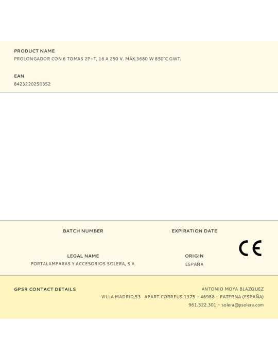 Base Múltiple, 6 Tomas 2P+T, con Interruptor + Protector, 1,5 m Cable H05VV-F 3G1,5 mm², 16A 250V~, Blanca SOLERA