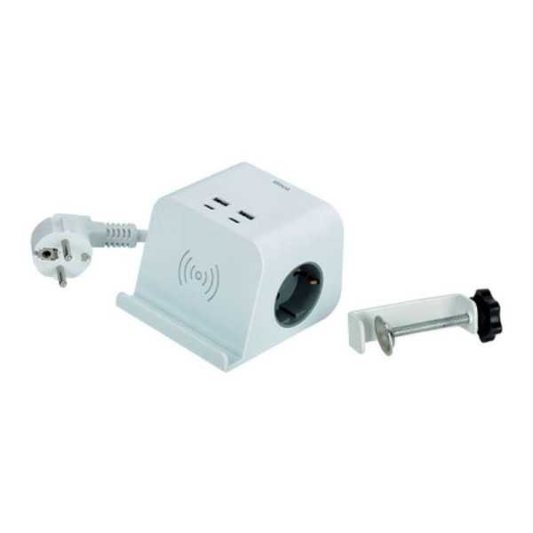 Base Combiflat 2 Tomas Schuko 16A 250 V ~ + 2 USB A + 2 USB C + Carga Inalámbrica con Soporte y Fijación Blanca SIMON