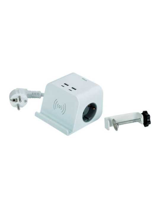Base Combiflat 2 Tomas Schuko 16A 250 V ~ + 2 USB A + 2 USB C + Carga Inalámbrica con Soporte y Fijación Blanca SIMON